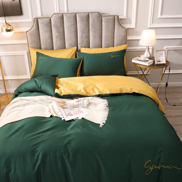 91家纺网 家纺一手货源 找家纺 晶缦 2022新款全棉纯色60S贡缎长绒棉绣花四件套 洛拉-墨绿