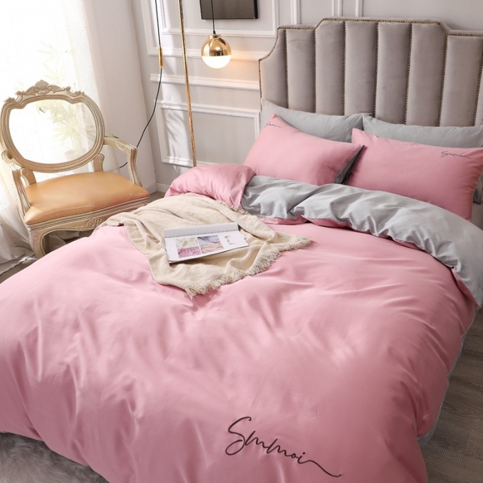 91家纺网 家纺一手货源 找家纺 晶缦 2022新款全棉纯色60S贡缎长绒棉绣花四件套 洛拉-浅豆沙