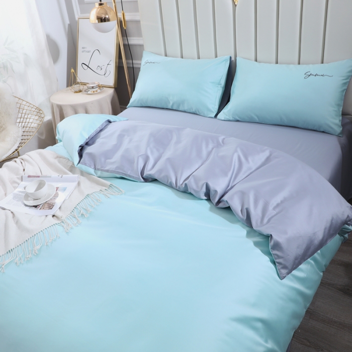 91家纺网 家纺一手货源 找家纺 晶缦 2022新款全棉纯色60S贡缎长绒棉绣花四件套 洛拉-浅蓝