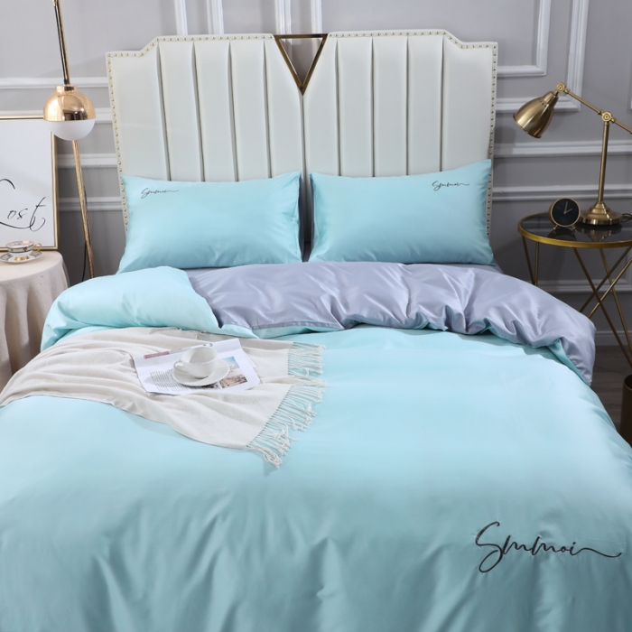 91家纺网 家纺一手货源 找家纺 晶缦 2022新款全棉纯色60S贡缎长绒棉绣花四件套 洛拉-浅蓝