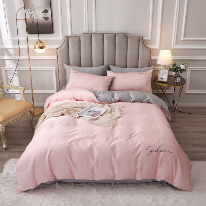 91家纺网 家纺一手货源 找家纺 晶缦 2022新款全棉纯色60S贡缎长绒棉绣花四件套 洛拉-浅玉