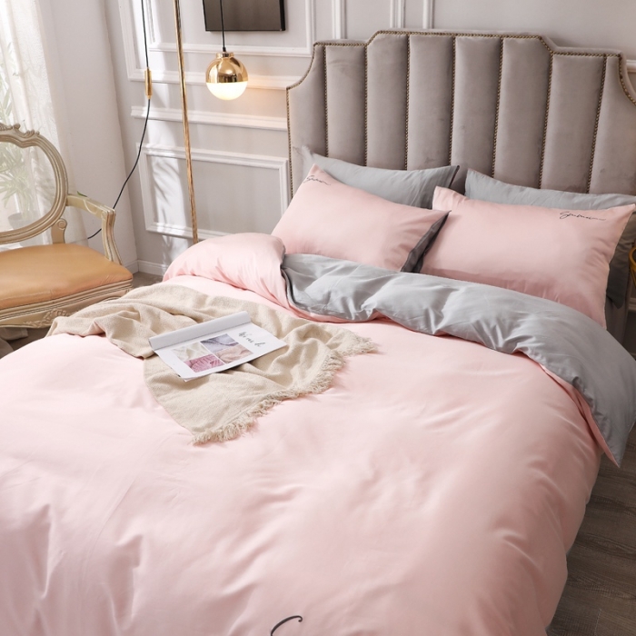 91家纺网 家纺一手货源 找家纺 晶缦 2022新款全棉纯色60S贡缎长绒棉绣花四件套 洛拉-浅玉