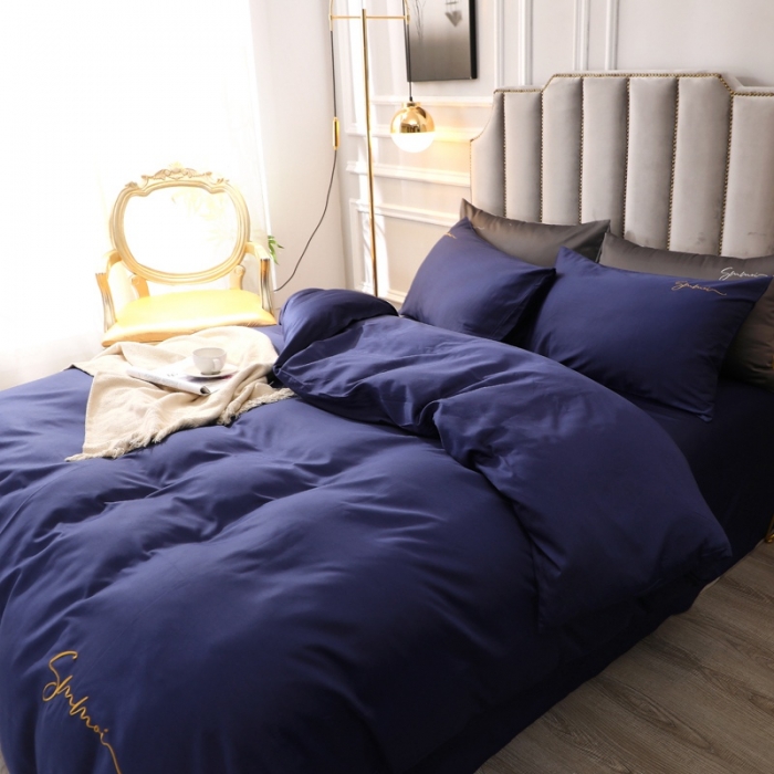 91家纺网 家纺一手货源 找家纺 晶缦 2022新款全棉纯色60S贡缎长绒棉绣花四件套 洛拉-丈青