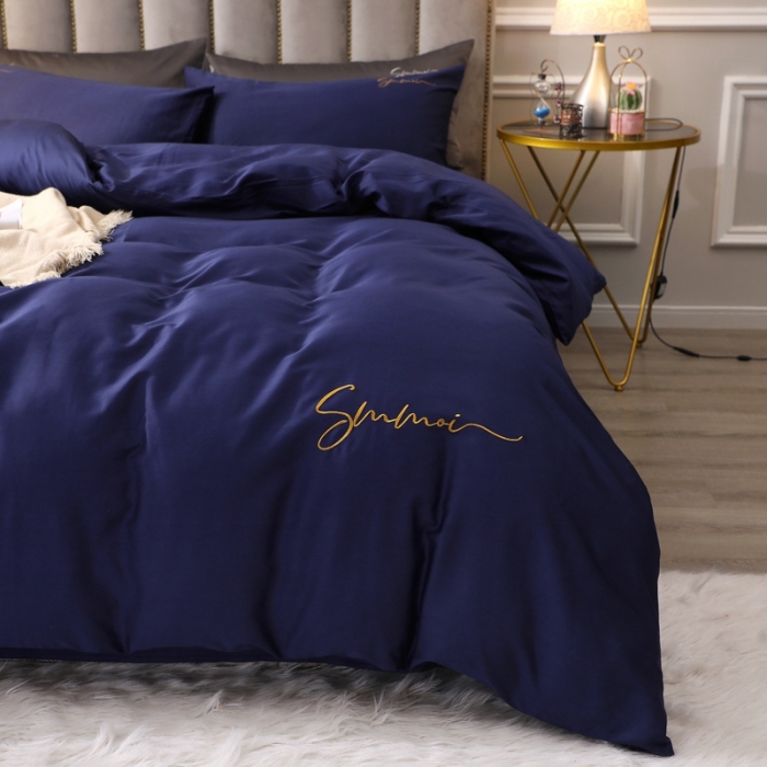 91家纺网 家纺一手货源 找家纺 晶缦 2022新款全棉纯色60S贡缎长绒棉绣花四件套 洛拉-丈青