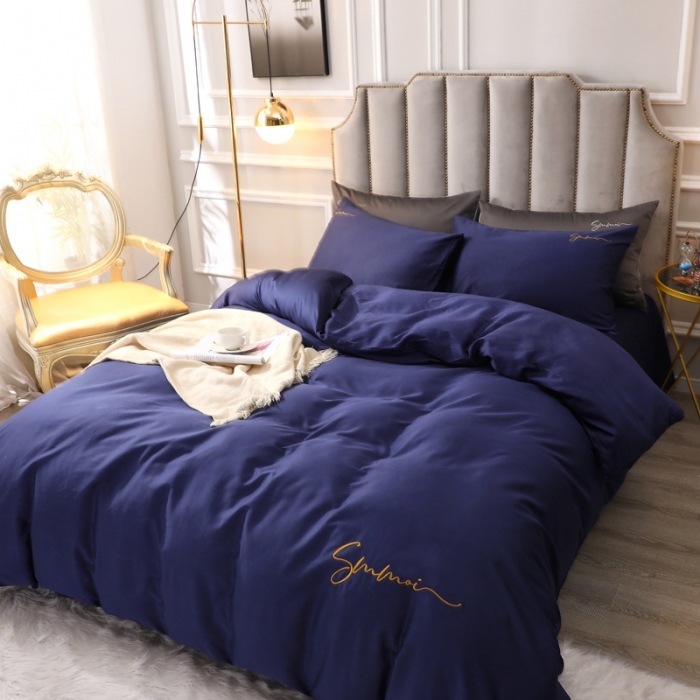 91家纺网 家纺一手货源 找家纺 晶缦 2022新款全棉纯色60S贡缎长绒棉绣花四件套 洛拉-丈青