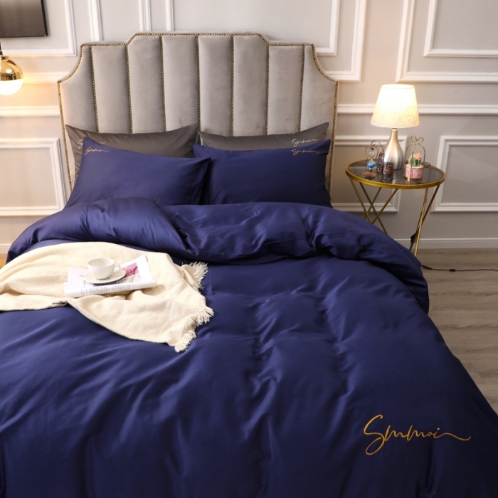 91家纺网 家纺一手货源 找家纺 晶缦 2022新款全棉纯色60S贡缎长绒棉绣花四件套 洛拉-丈青