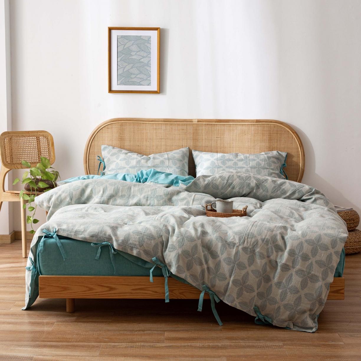 91家纺网 家纺一手货源 找家纺 安莱生活 2022新款双层纱新三色四叶草四件套 蓝青