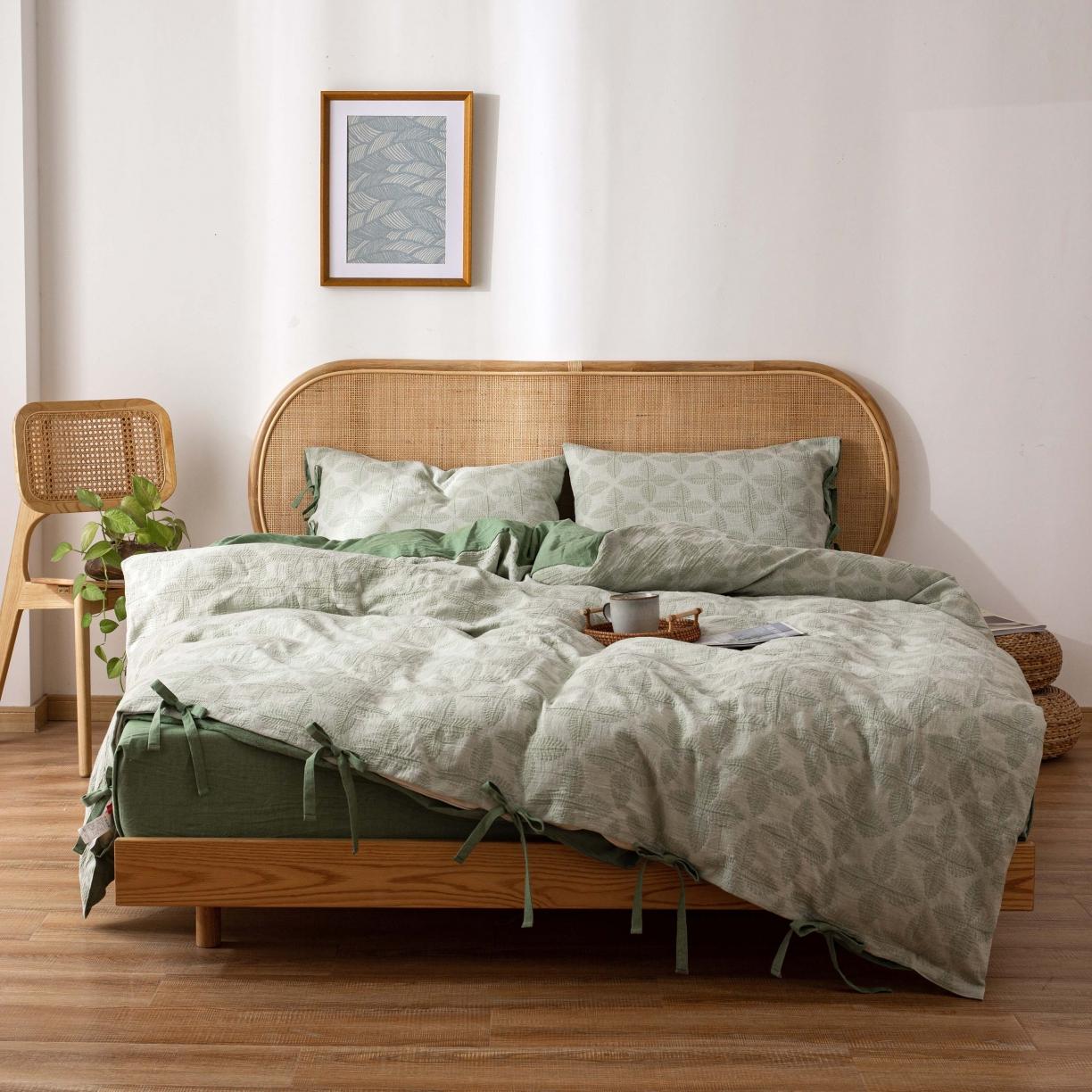 91家纺网 家纺一手货源 找家纺 安莱生活 2022新款双层纱新三色四叶草四件套 草绿