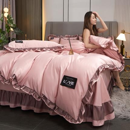 91家纺网 家纺一手货源 找家纺 找底底2023新款床裙款水洗真丝天丝四件套 豆沙色