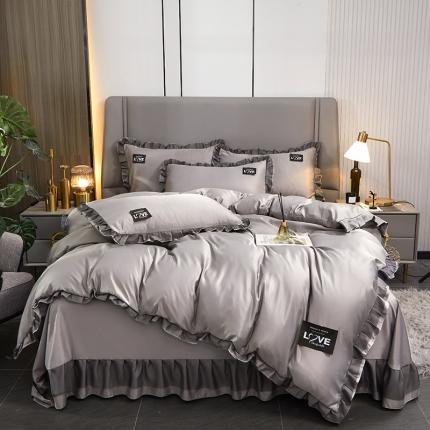 91家纺网 家纺一手货源 找家纺 找底底2023新款床裙款水洗真丝天丝四件套 深灰色