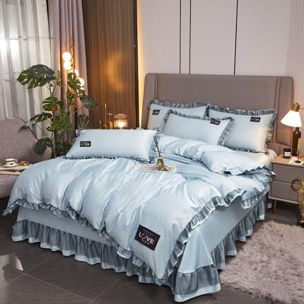 91家纺网 家纺一手货源 找家纺 找底底2023新款床裙款水洗真丝天丝四件套 天兰色