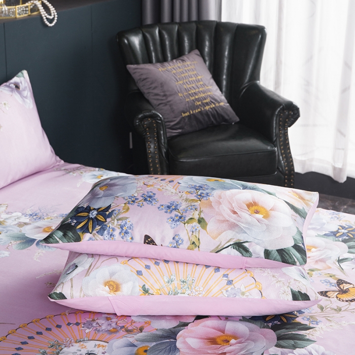 91家纺网 家纺一手货源 找家纺 优姿家纺 2024新款冰丝凉席床裙款 春色满园粉