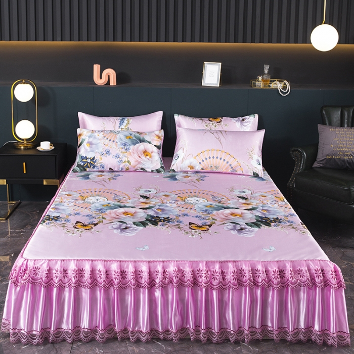 91家纺网 家纺一手货源 找家纺 优姿家纺 2024新款冰丝凉席床裙款 春色满园粉