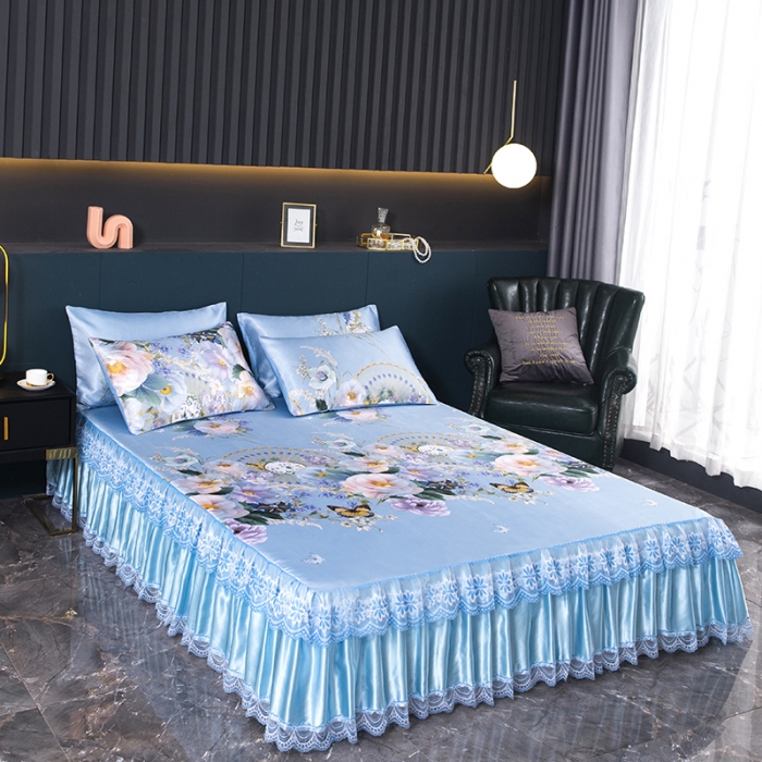 91家纺网 家纺一手货源 找家纺 优姿家纺 2024新款冰丝凉席床裙款 春色满园蓝