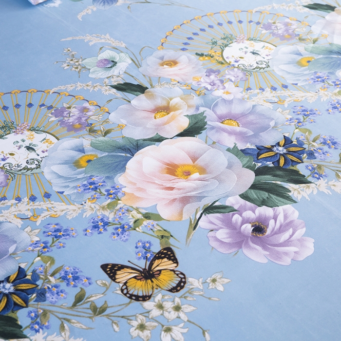 91家纺网 家纺一手货源 找家纺 优姿家纺 2024新款冰丝凉席床裙款 春色满园蓝