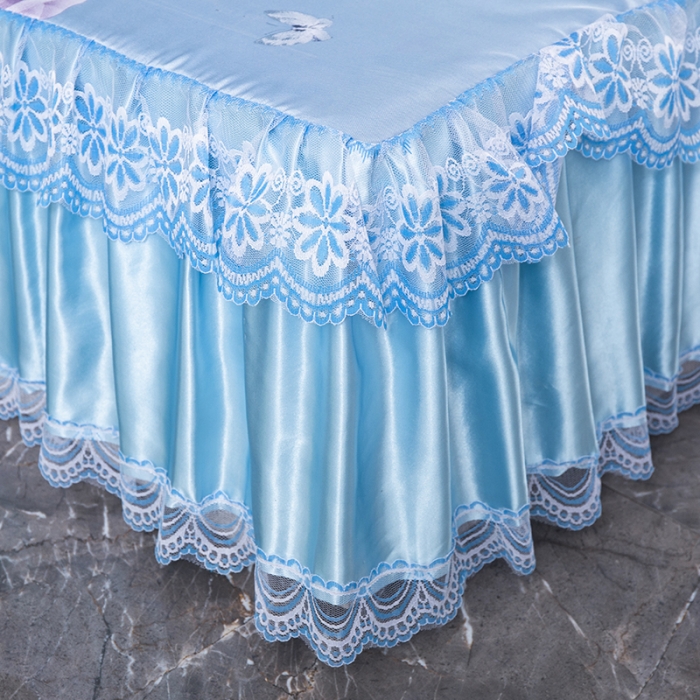 91家纺网 家纺一手货源 找家纺 优姿家纺 2024新款冰丝凉席床裙款 春色满园蓝