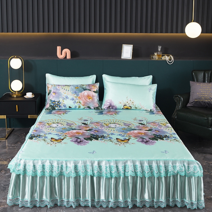 91家纺网 家纺一手货源 找家纺 优姿家纺 2024新款冰丝凉席床裙款 春色满园绿