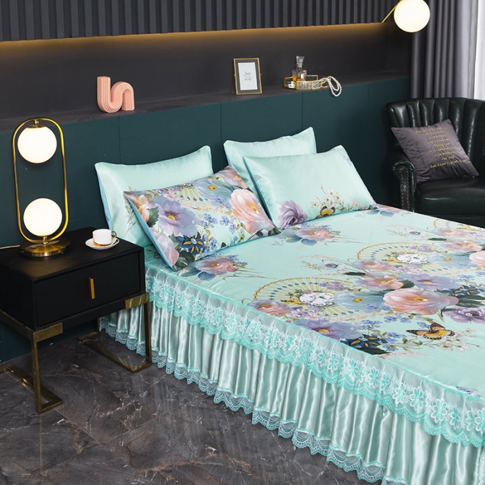 91家纺网 家纺一手货源 找家纺 优姿家纺 2024新款冰丝凉席床裙款 春色满园绿