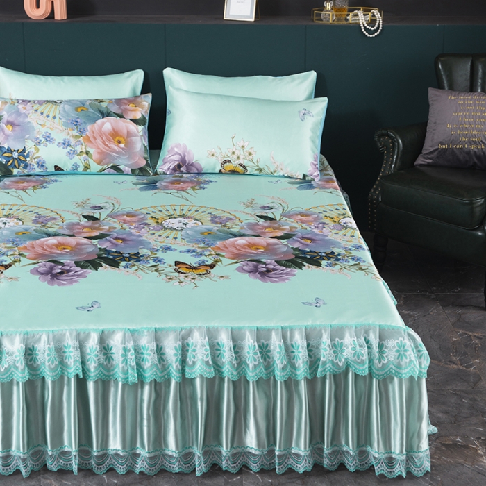 91家纺网 家纺一手货源 找家纺 优姿家纺 2024新款冰丝凉席床裙款 春色满园绿