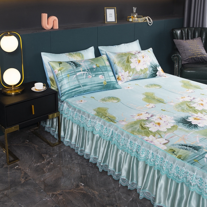 91家纺网 家纺一手货源 找家纺 优姿家纺 2024新款冰丝凉席床裙款 荷塘月色