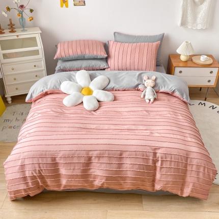 91家纺网 家纺一手货源 找家纺 绒兔兔 2022新款立体横条剪花床单床笠四件套 剪花-豆沙