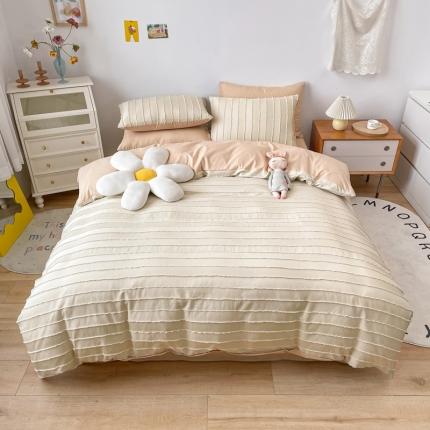91家纺网 家纺一手货源 找家纺 绒兔兔 2022新款立体横条剪花床单床笠四件套 剪花-奶白