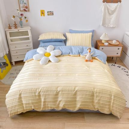 91家纺网 家纺一手货源 找家纺 绒兔兔 2022新款立体横条剪花床单床笠四件套 剪花-奶黄