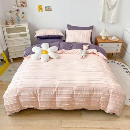 91家纺网 家纺一手货源 找家纺 绒兔兔 2022新款立体横条剪花床单床笠四件套 剪花-浅粉