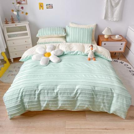 91家纺网 家纺一手货源 找家纺 绒兔兔 2022新款立体横条剪花床单床笠四件套 剪花-水绿
