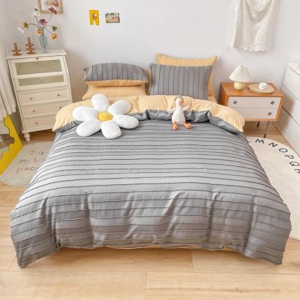 91家纺网 家纺一手货源 找家纺 绒兔兔 2022新款立体横条剪花床单床笠四件套 剪花-中灰