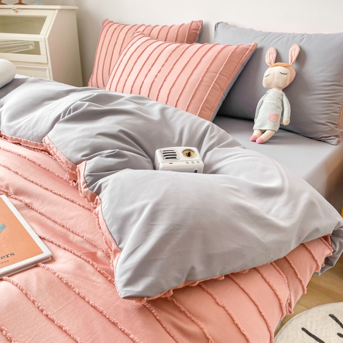 91家纺网 家纺一手货源 找家纺 绒兔兔 2022新款立体横条剪花床单床笠四件套 剪花-豆沙