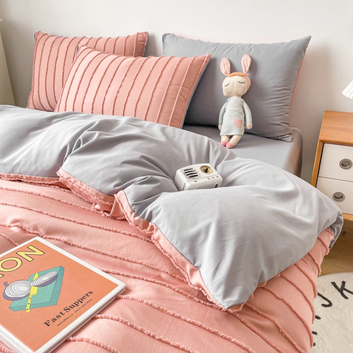 91家纺网 家纺一手货源 找家纺 绒兔兔 2022新款立体横条剪花床单床笠四件套 剪花-豆沙