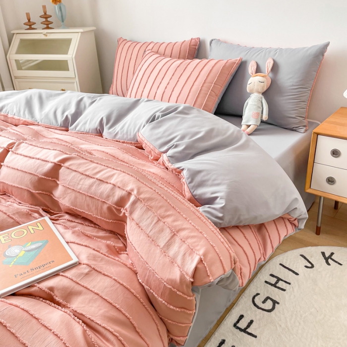 91家纺网 家纺一手货源 找家纺 绒兔兔 2022新款立体横条剪花床单床笠四件套 剪花-豆沙