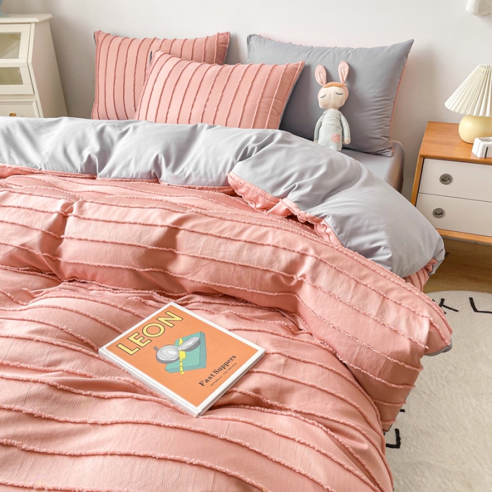 91家纺网 家纺一手货源 找家纺 绒兔兔 2022新款立体横条剪花床单床笠四件套 剪花-豆沙