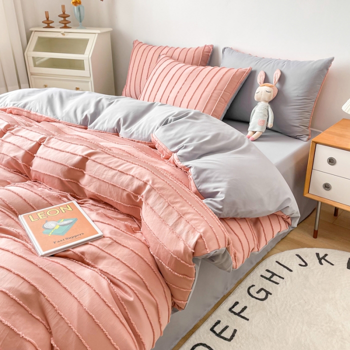 91家纺网 家纺一手货源 找家纺 绒兔兔 2022新款立体横条剪花床单床笠四件套 剪花-豆沙