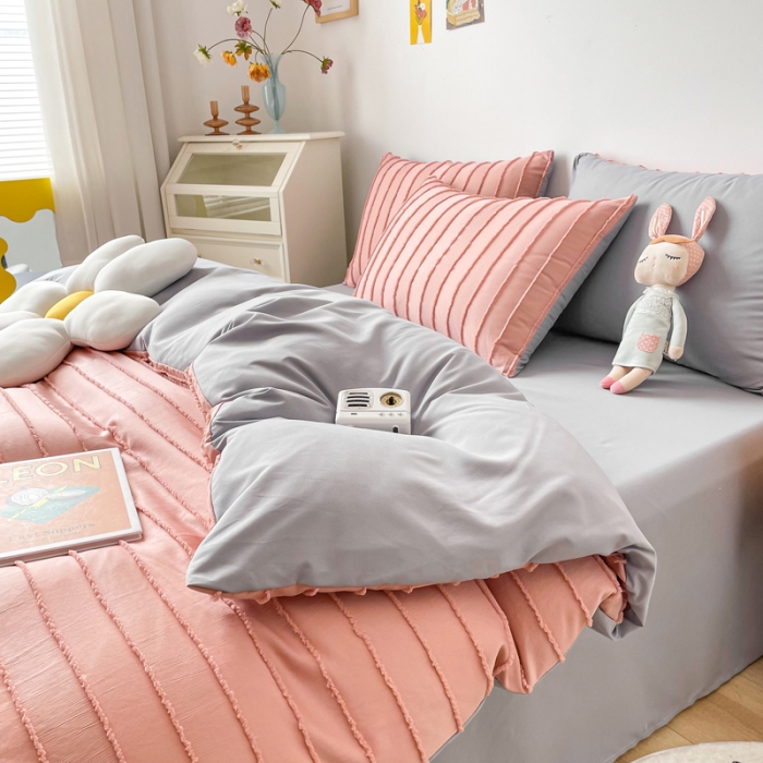 91家纺网 家纺一手货源 找家纺 绒兔兔 2022新款立体横条剪花床单床笠四件套 剪花-豆沙