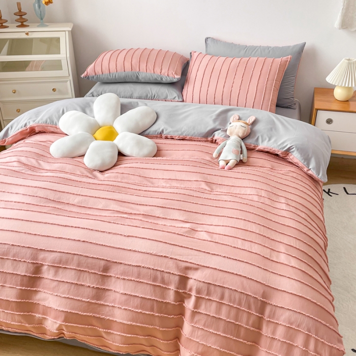 91家纺网 家纺一手货源 找家纺 绒兔兔 2022新款立体横条剪花床单床笠四件套 剪花-豆沙