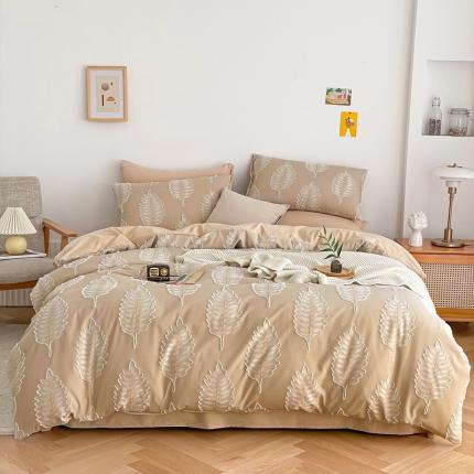 91家纺网 家纺一手货源 找家纺 绒兔兔 2022新款立体花案剪花床单床笠四件套 枫叶浅咖