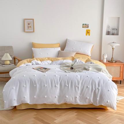 91家纺网 家纺一手货源 找家纺 绒兔兔 2022新款立体花案剪花床单床笠四件套 华夫球白加黄