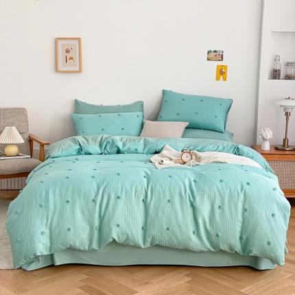 91家纺网 家纺一手货源 找家纺 绒兔兔 2022新款立体花案剪花床单床笠四件套 华夫球薄荷绿