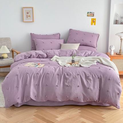 91家纺网 家纺一手货源 找家纺 绒兔兔 2022新款立体花案剪花床单床笠四件套 华夫球淡雅紫