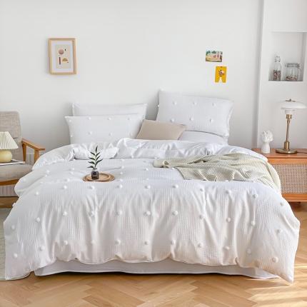 91家纺网 家纺一手货源 找家纺 绒兔兔 2022新款立体花案剪花床单床笠四件套 华夫球奶油白