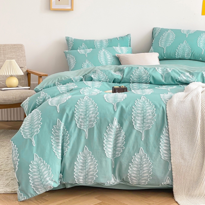 91家纺网 家纺一手货源 找家纺 绒兔兔 2022新款立体花案剪花床单床笠四件套 枫叶薄荷绿