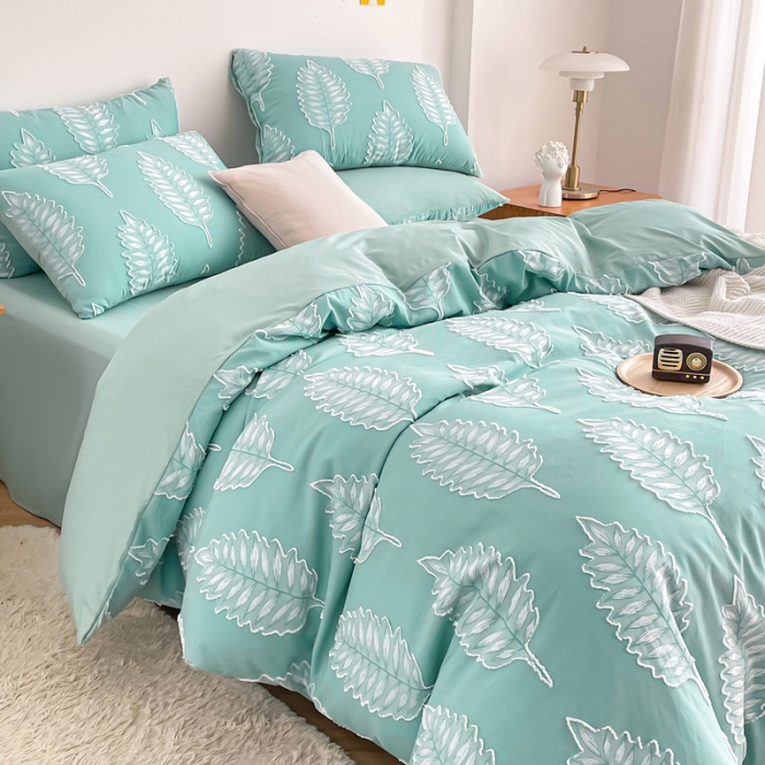 91家纺网 家纺一手货源 找家纺 绒兔兔 2022新款立体花案剪花床单床笠四件套 枫叶薄荷绿
