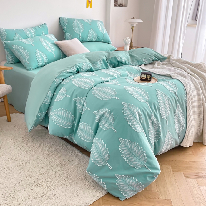 91家纺网 家纺一手货源 找家纺 绒兔兔 2022新款立体花案剪花床单床笠四件套 枫叶薄荷绿