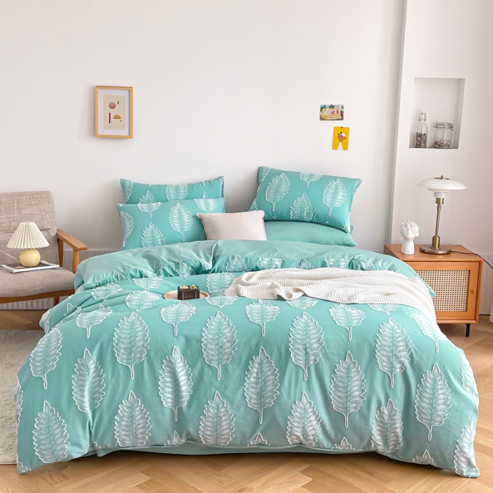 91家纺网 家纺一手货源 找家纺 绒兔兔 2022新款立体花案剪花床单床笠四件套 枫叶薄荷绿