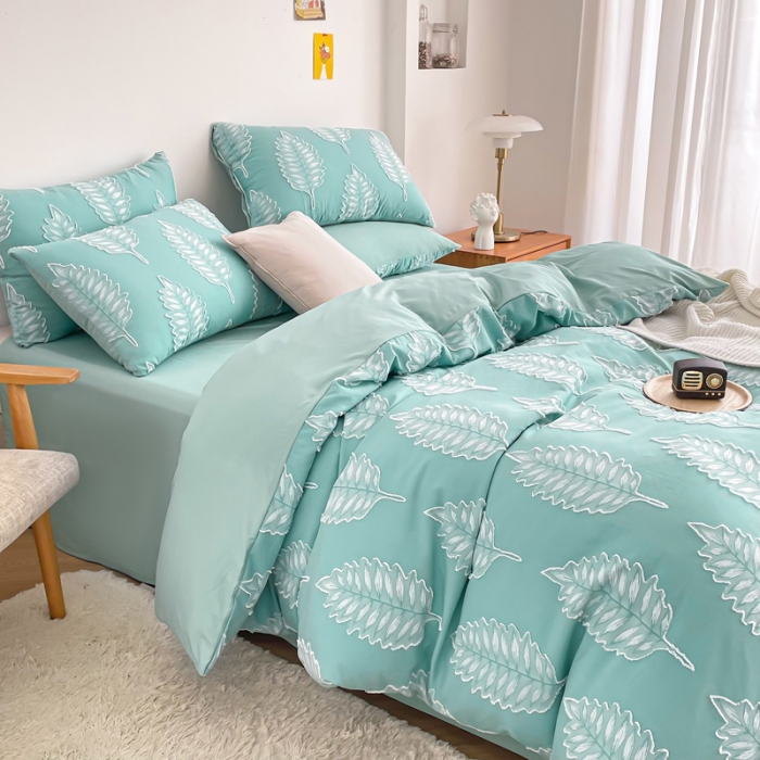 91家纺网 家纺一手货源 找家纺 绒兔兔 2022新款立体花案剪花床单床笠四件套 枫叶薄荷绿
