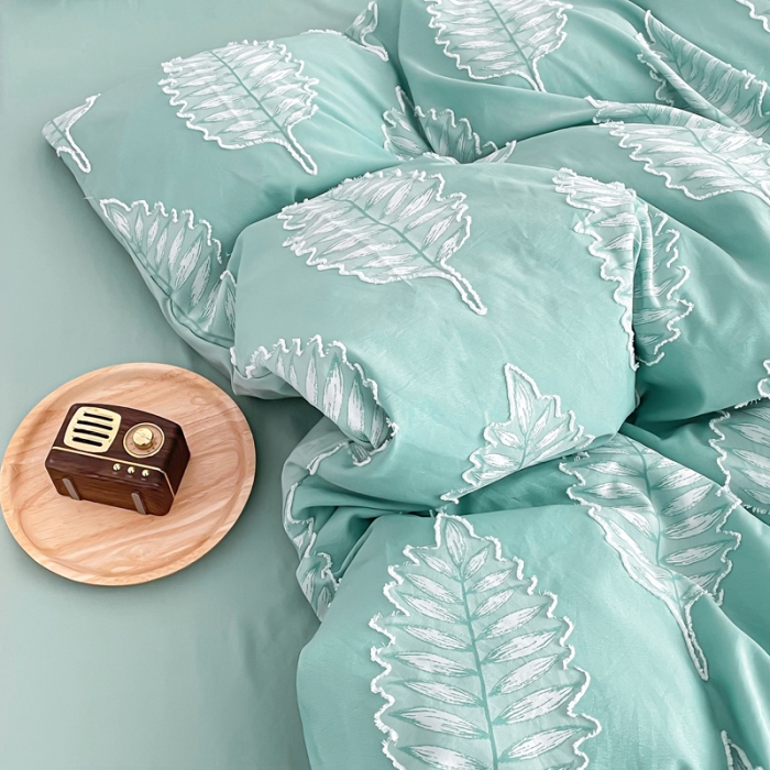 91家纺网 家纺一手货源 找家纺 绒兔兔 2022新款立体花案剪花床单床笠四件套 枫叶薄荷绿