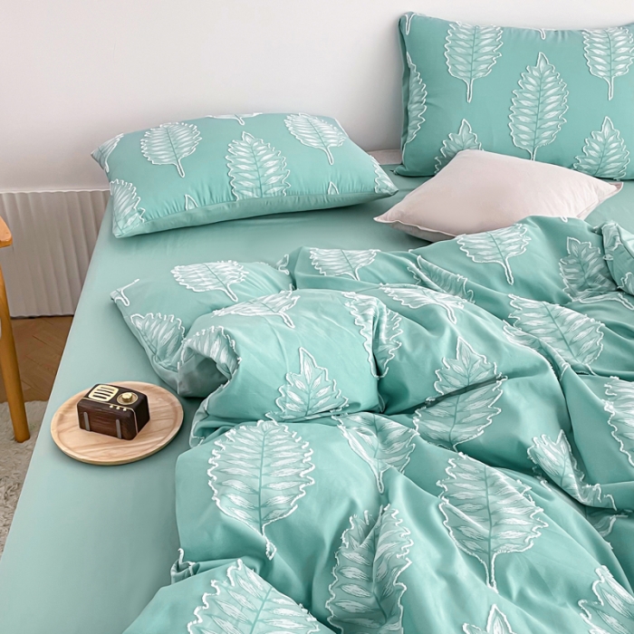 91家纺网 家纺一手货源 找家纺 绒兔兔 2022新款立体花案剪花床单床笠四件套 枫叶薄荷绿