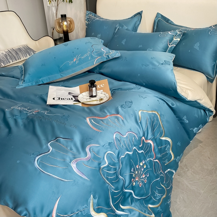 91家纺网 家纺一手货源 找家纺 涵宸 2022新款轻奢提花刺绣四件套流沙 流沙-绅士蓝